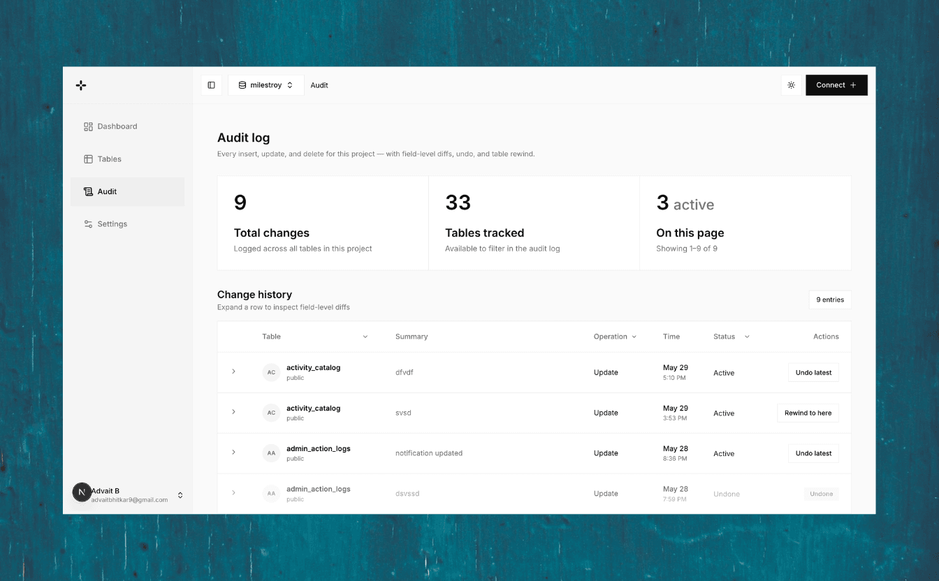 Undobase.io audit log — light theme